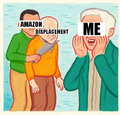 Single frame cartoon showing a character labelled Displacement being held hostage by another labelled Amazon, a third, labeled Me is calling for help.